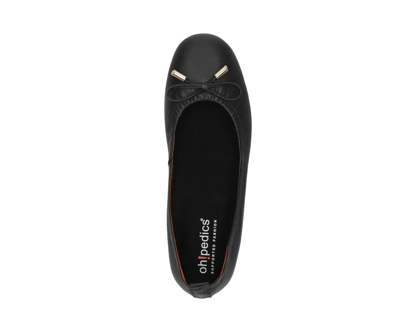 Top view of Black full-grain leather ballet flats with a semi-round toe featuring removable BLACK FlexiComfort orthotic for flat feet and 24k-gold-plated-bows.