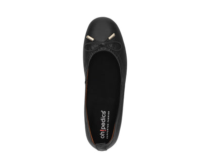 Top view of Black full-grain leather ballet flats with a semi-round toe featuring removable BLACK FlexiComfort orthotic for flat feet and 24k-gold-plated-bows.