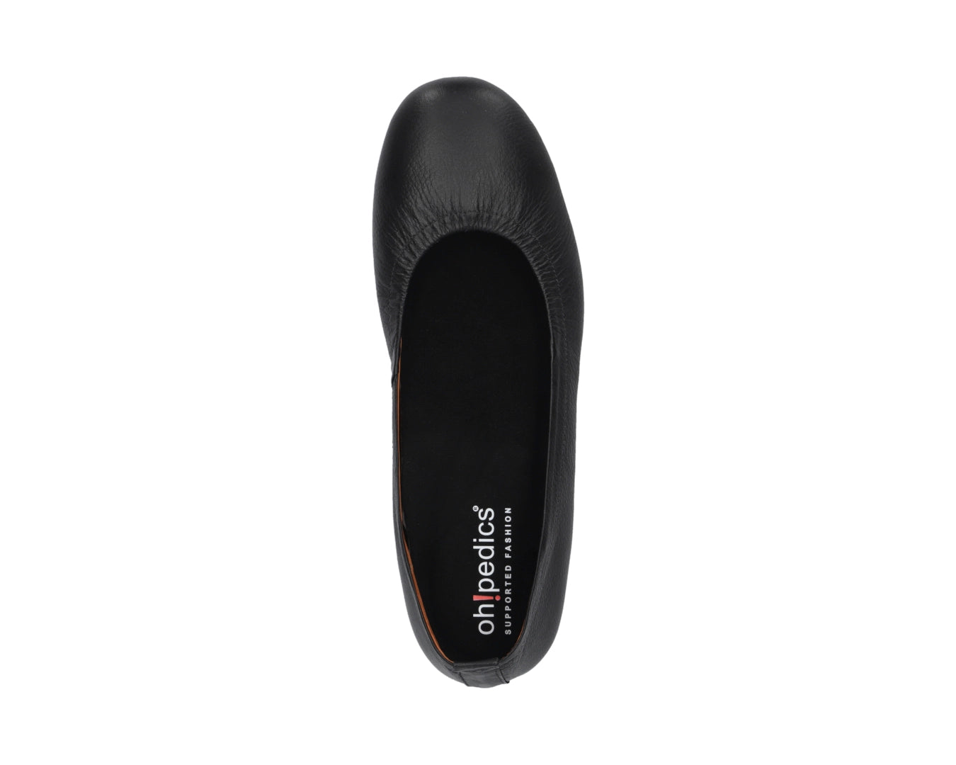 Top view of Black Full-Grain Leather Ballet Flats with a semi-round toe and removable BLACK FlexiComfort orthotic for flat feet.