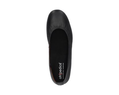 Top view of Black Full-Grain Leather Ballet Flats with a semi-round toe and removable BLACK FlexiComfort orthotic for flat feet.