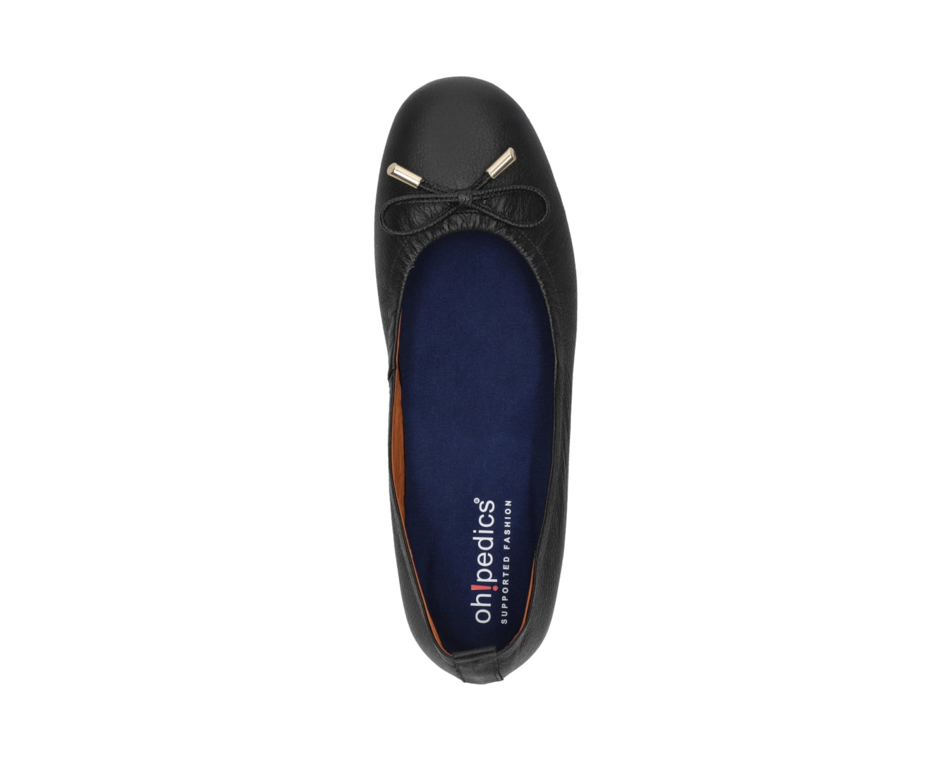 Top view of Black full-grain leather ballet flats with a semi-round toe and BLUE ComfortFlex orthotic for feet without problems and 24k-gold-plated-bows.