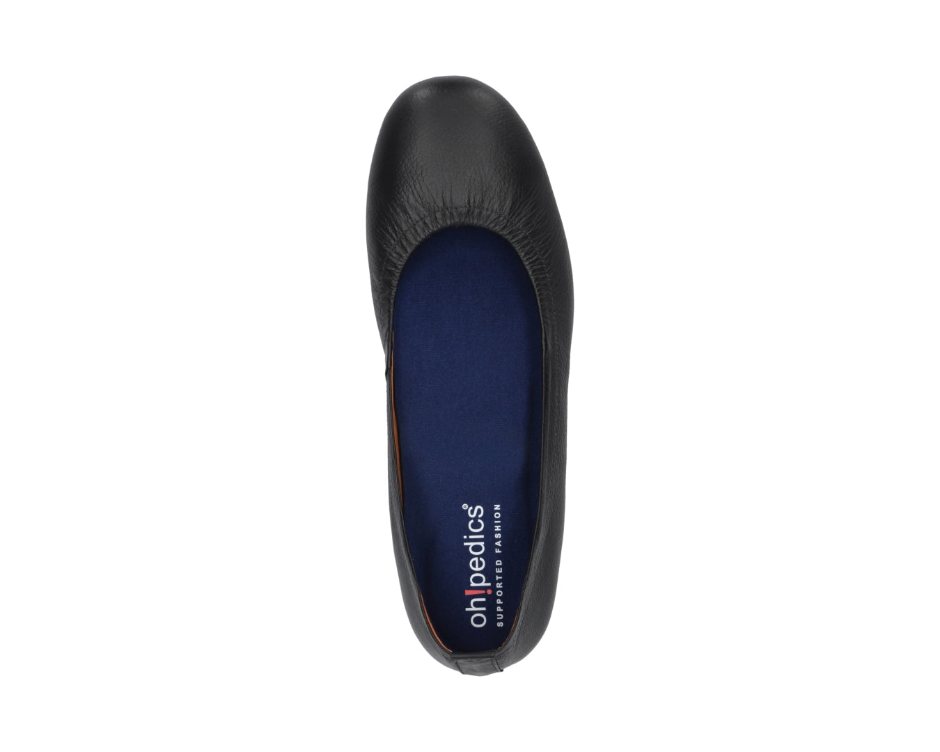 Top view of Black Full-Grain Leather Ballet Flats with a semi-round toe and BLUE ComfortFlex orthotic for feet without problems.