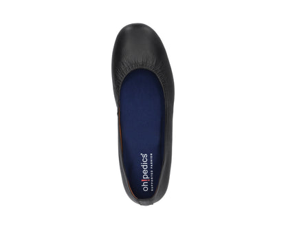 Top view of Black Full-Grain Leather Ballet Flats with a semi-round toe and BLUE ComfortFlex orthotic for feet without problems.