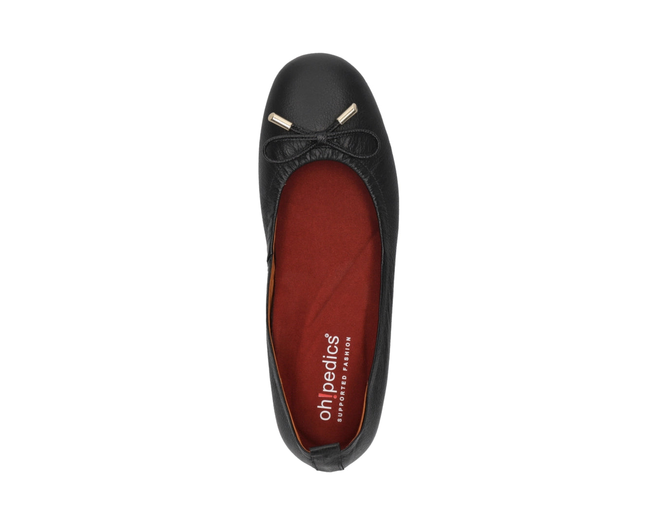 Top view of Black full-grain leather ballet flats with a semi-round toe featuring RED ArchSupport orthotic for flat feet, calcaneal spurs, and plantar fasciitis and 24k-gold-plated-bows.