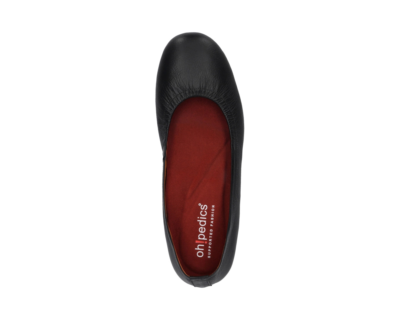 Top view of Black Full-Grain Leather Ballet Flats with a semi-round toe and RED ArchSupport orthotic for flat feet, calcaneal spurs, and plantar fasciitis.