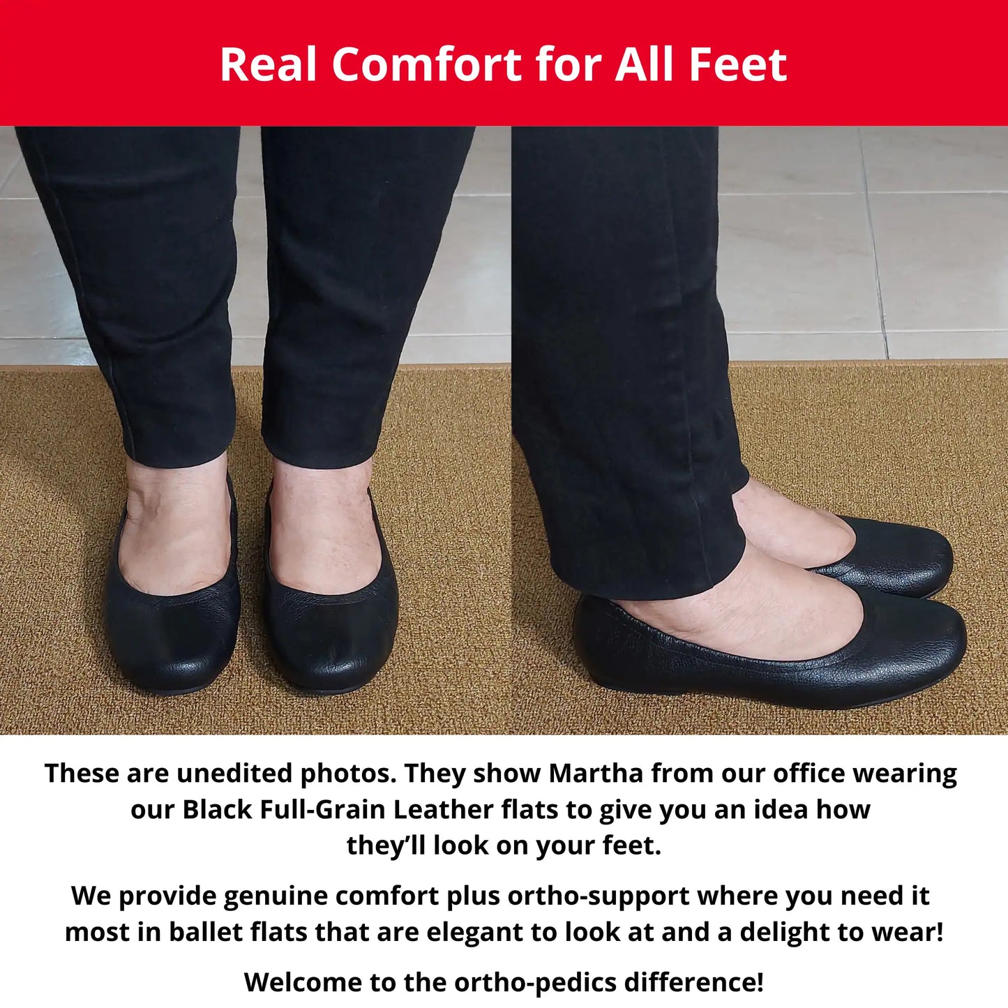 Martha from our office wearing Black Full Grain leather orthopedic ballet flats, showing a front and side view. The image also includes descriptive text highlighting the genuine comfort, ortho-support, and elegant style of these flats.