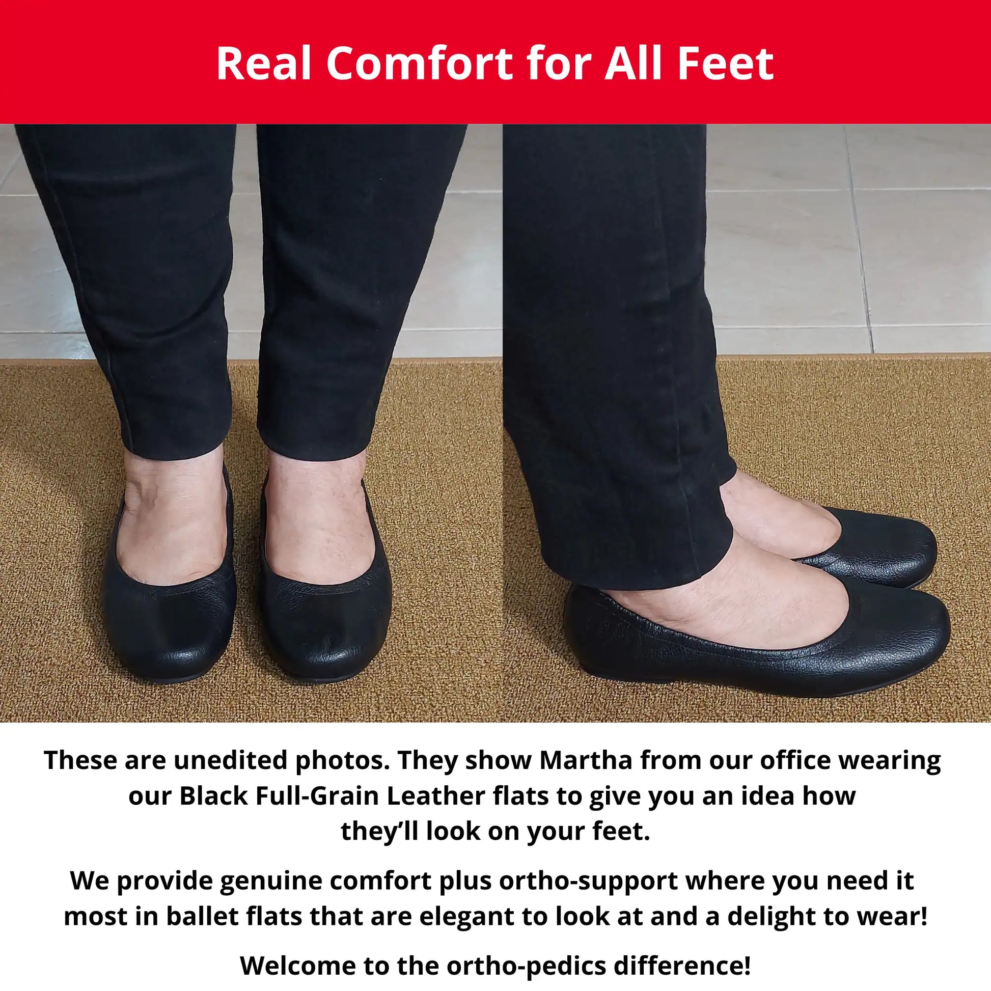Martha from our office wearing Black Full Grain leather orthopedic ballet flats, showing a front and side view. The image also includes descriptive text highlighting the genuine comfort, ortho-support, and elegant style of these flats.