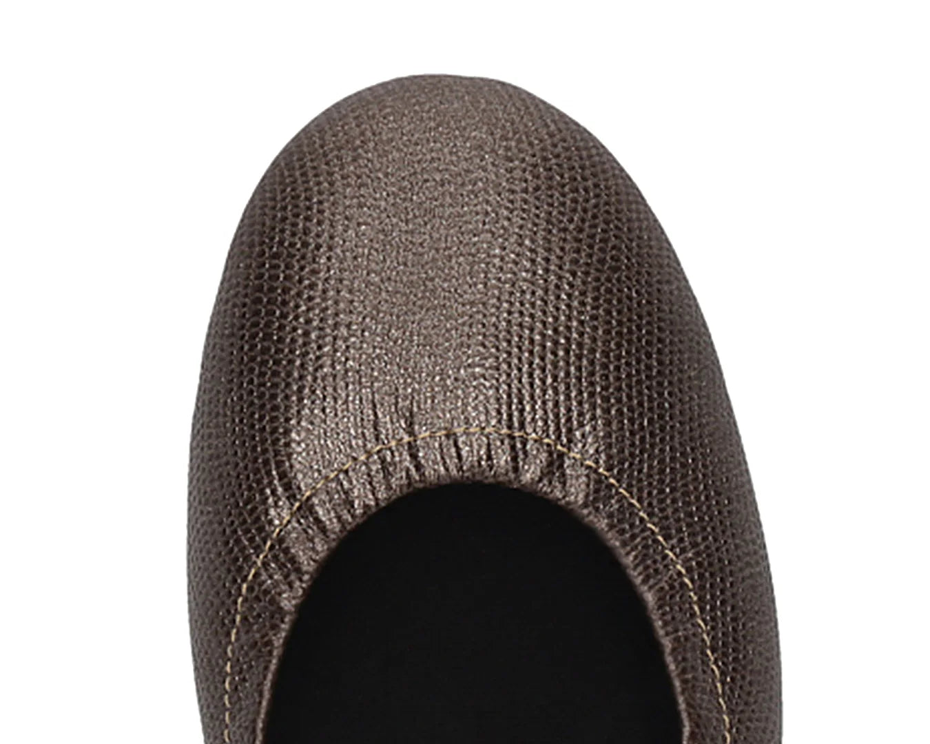 Close-up of the full-grain leather on Bronze Wild Embossed Ballet Flats with removable BLACK FlexiComfort orthotic for flat feet.