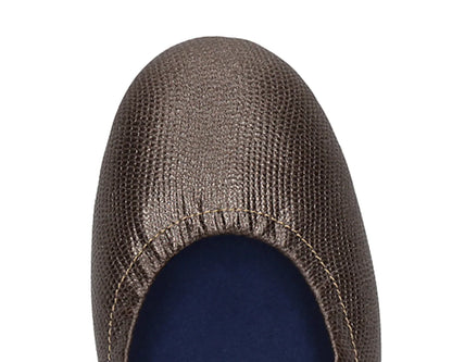 Close-up of full-grain leather on Bronze Wild Embossed Ballet Flats with removable BLUE ComfortFlex orthotic for feet without problems.