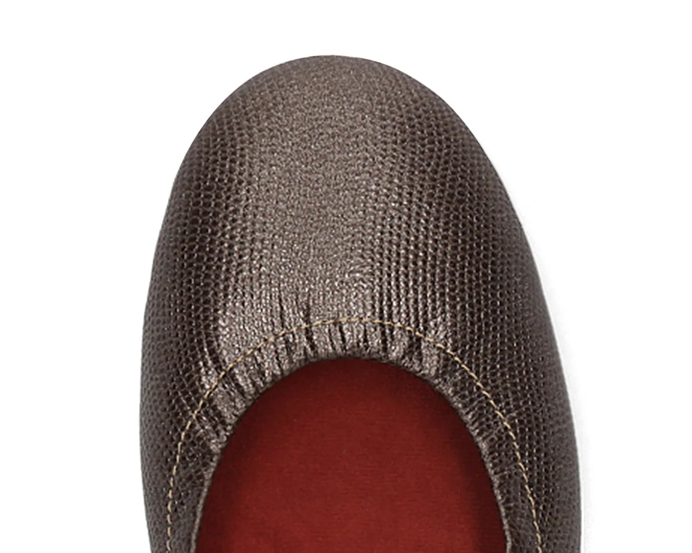 Close-up of the full-grain leather on Bronze Wild Embossed Ballet Flats with removable RED ArchSupport orthotic for flat feet, calcaneal spurs, and plantar fasciitis.