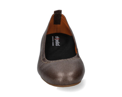 Front view of Bronze Wild Embossed Full-Grain Leather Ballet Flats with a semi-round toe and BLACK FlexiComfort orthotic for flat feet.