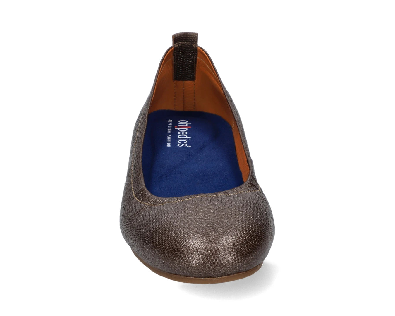 Front view of Bronze Wild Embossed Full-Grain Leather Ballet Flats with a semi-round toe and BLUE ComfortFlex orthotic for feet without problems.