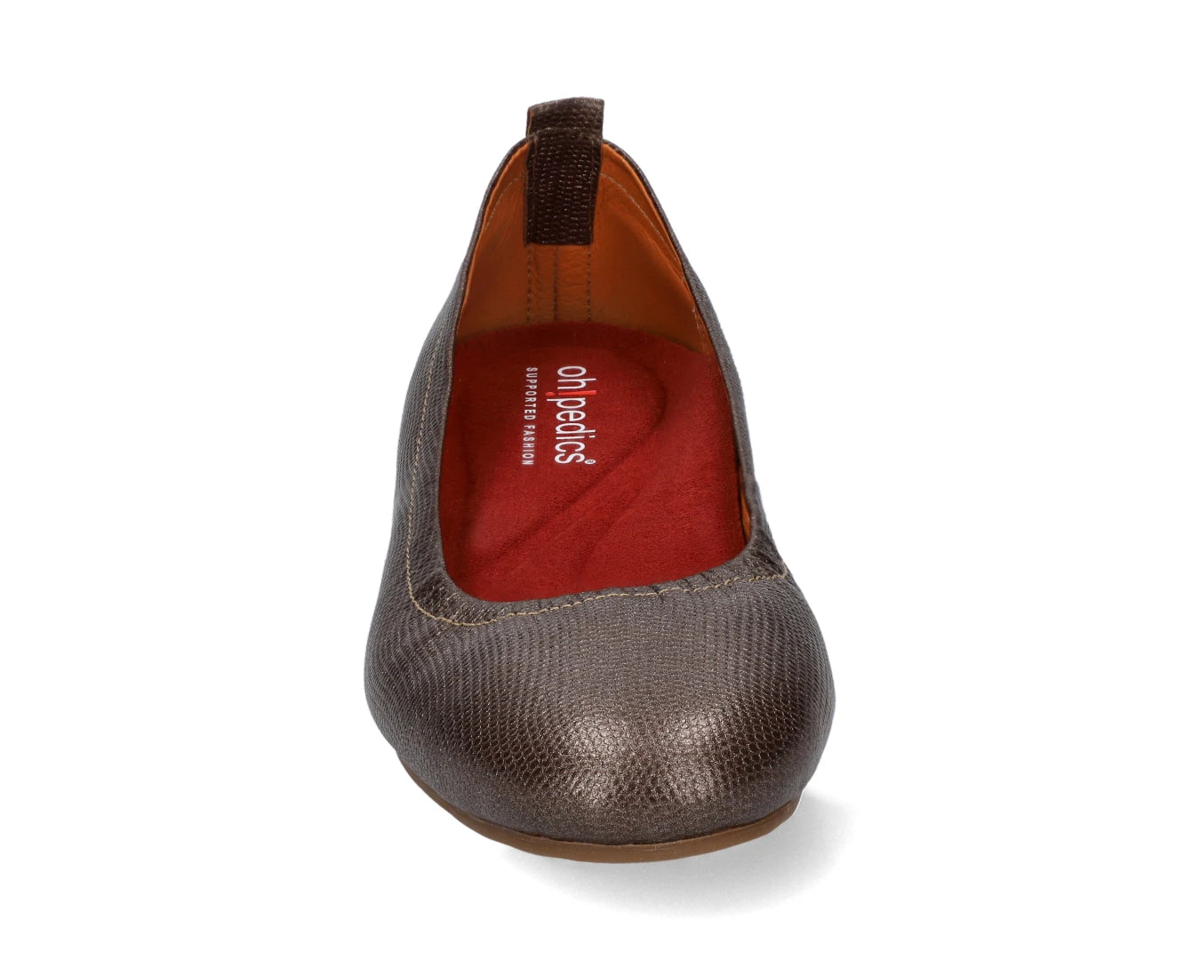 Front view of Bronze Wild Embossed Full-Grain Leather Ballet Flats with a semi-round toe and RED Arch Support orthotic for flat feet, calcaneal spurs, and plantar fasciitis.