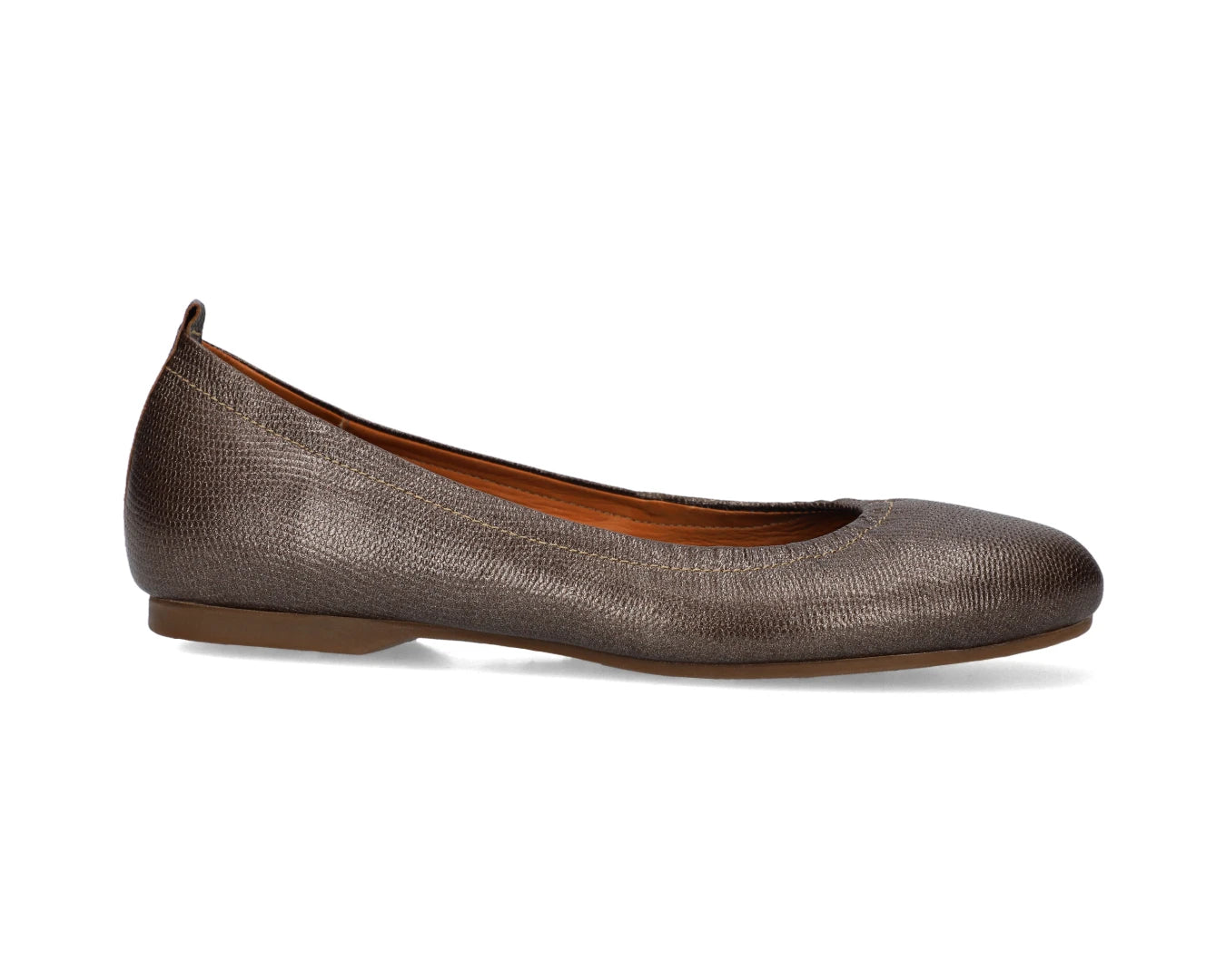 Side view of Bronze Wild Embossed Full-Grain Leather Ballet Flats showcasing a semi-round toe.
