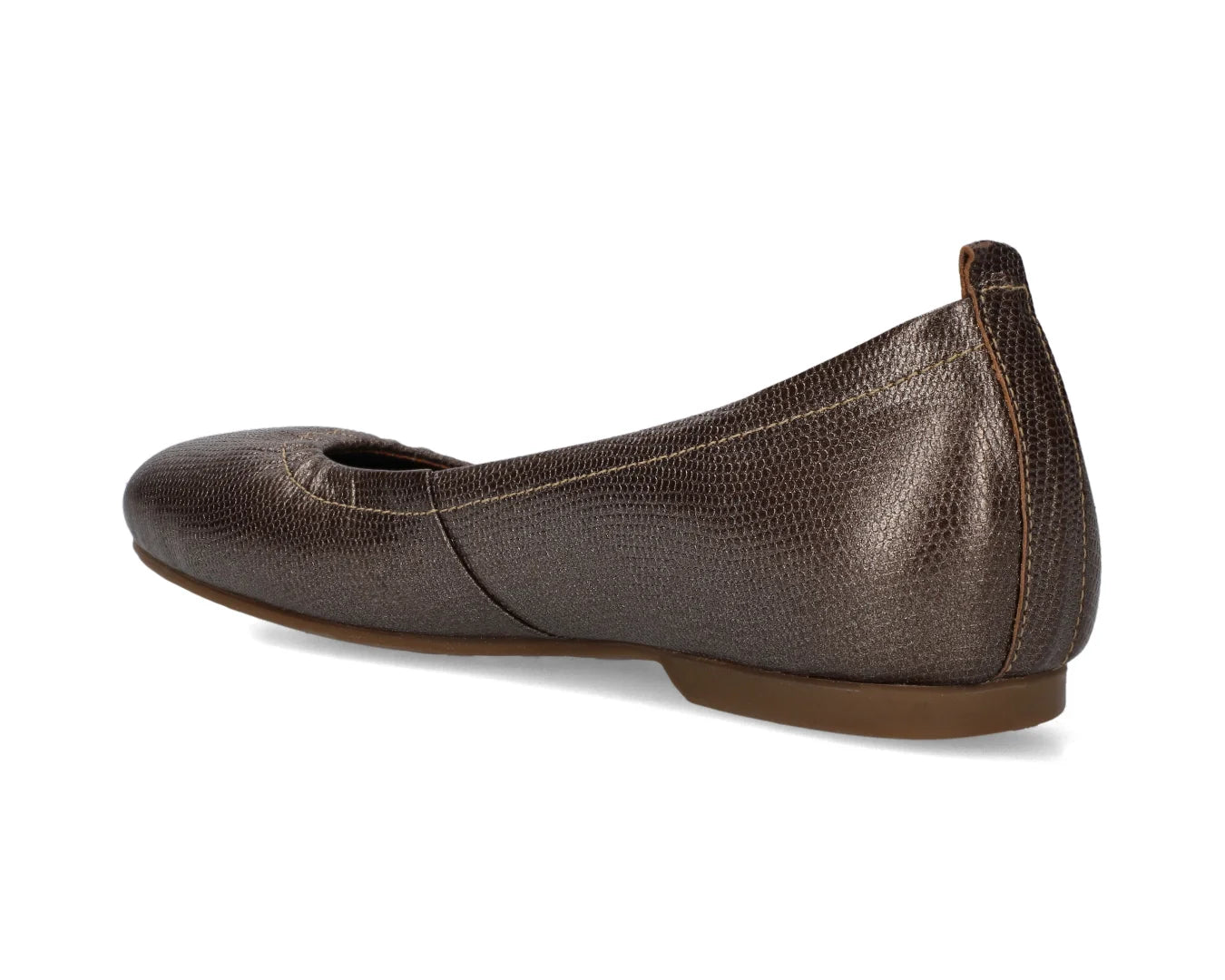 Three-quarter back view of Bronze Wild Embossed Full-Grain Leather Ballet Flats with a semi-round toe.