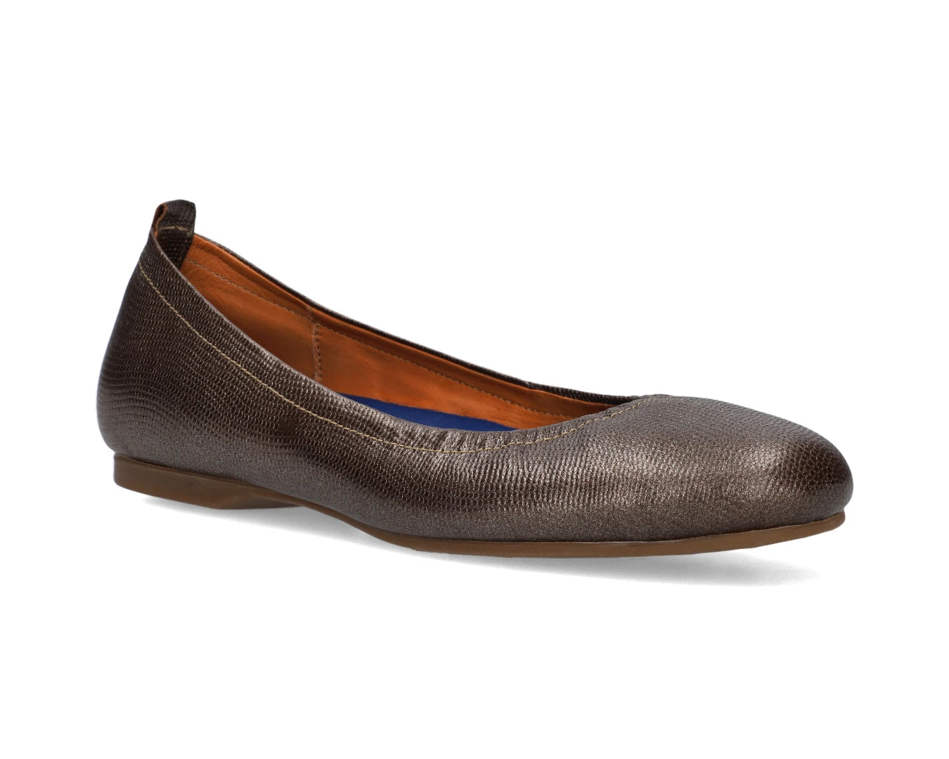 Three-quarter front view of Bronze Wild Embossed Full-Grain Leather Ballet Flats with a semi-round toe and removable BLUE ComfortFlex orthotic for feet without problems.