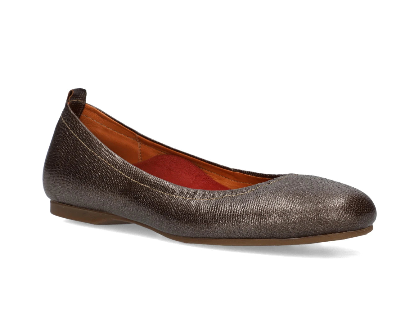 Three-quarter front view of Bronze Wild Embossed Full-Grain Leather Ballet Flats with a semi-round toe and removable RED ArchSupport orthotic for flat feet, calcaneal spurs, and plantar fasciitis.