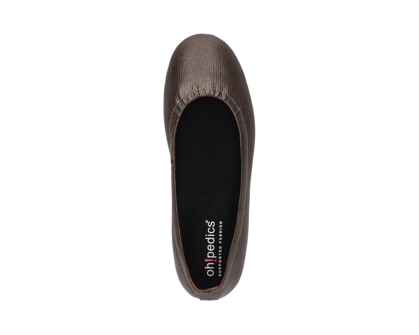Top view of Bronze Wild Embossed Full-Grain Leather Ballet Flats with a semi-round toe and removable BLACK FlexiComfort orthotic for flat feet.
