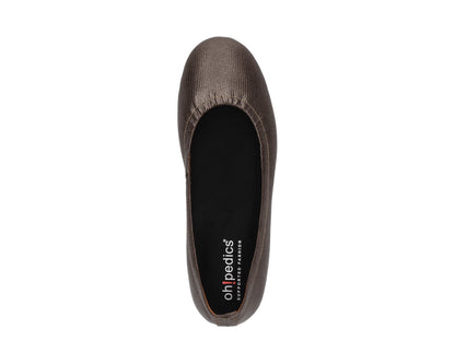Top view of Bronze Wild Embossed Full-Grain Leather Ballet Flats with a semi-round toe and removable BLACK FlexiComfort orthotic for flat feet.
