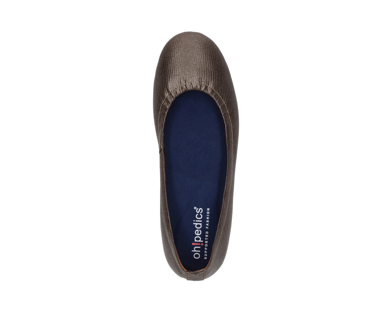 Top view of Bronze Wild Embossed Full-Grain Leather Ballet Flats with a semi-round toe and BLUE ComfortFlex orthotic for feet without problems.