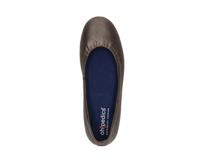 Top view of Bronze Wild Embossed Full-Grain Leather Ballet Flats with a semi-round toe and BLUE ComfortFlex orthotic for feet without problems.