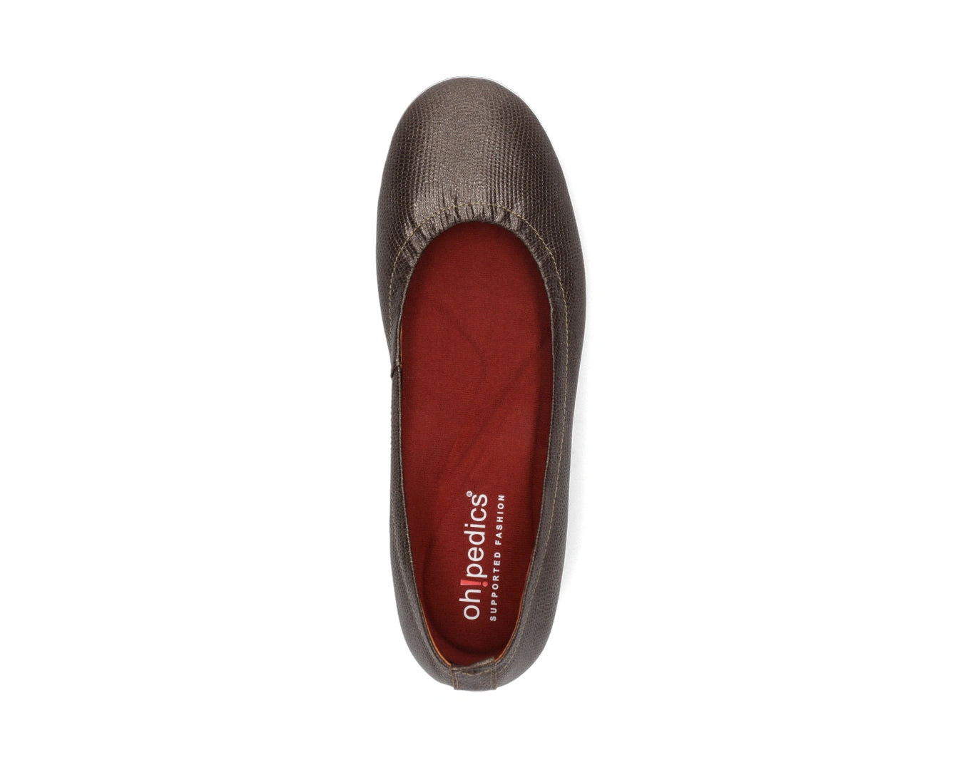 Top view of Bronze Wild Embossed Full-Grain Leather Ballet Flats with a semi-round toe and RED ArchSupport orthotic for flat feet, calcaneal spurs, and plantar fasciitis.