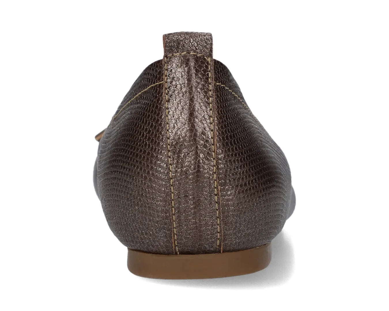 Back view of bronze wild-embossed full-grain leather ballet flats with an elegant bow and gold tips showing the leather texture.