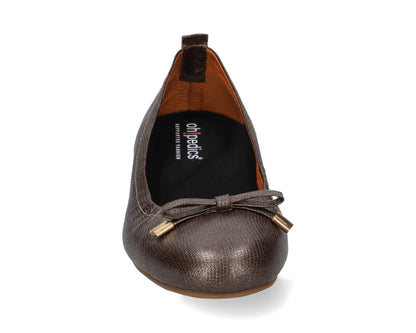 Front view of bronze wild-embossed full-grain leather ballet flats with an elegant bow and gold tips, featuring a removable Black FlexiComfort orthotic for flat feet.