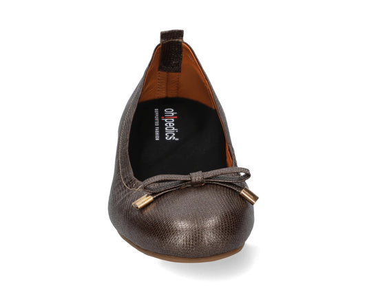Front view of bronze wild-embossed full-grain leather ballet flats with an elegant bow and gold tips, featuring a removable Black FlexiComfort orthotic for flat feet.