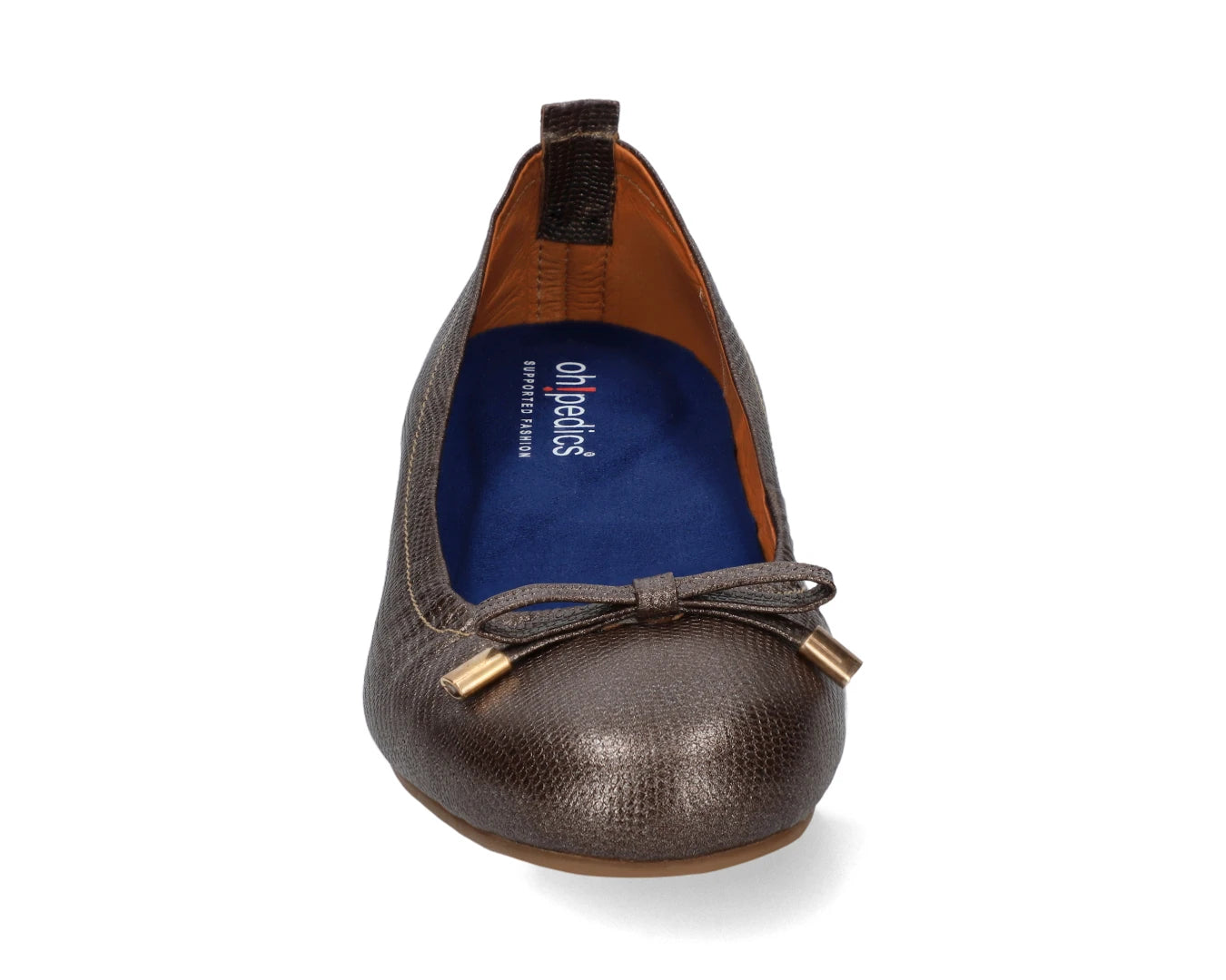 Front view of bronze wild-embossed full-grain leather ballet flats with an elegant bow and gold tips featuring a removable   BLUE ComfortFlex orthotic for feet without problems.