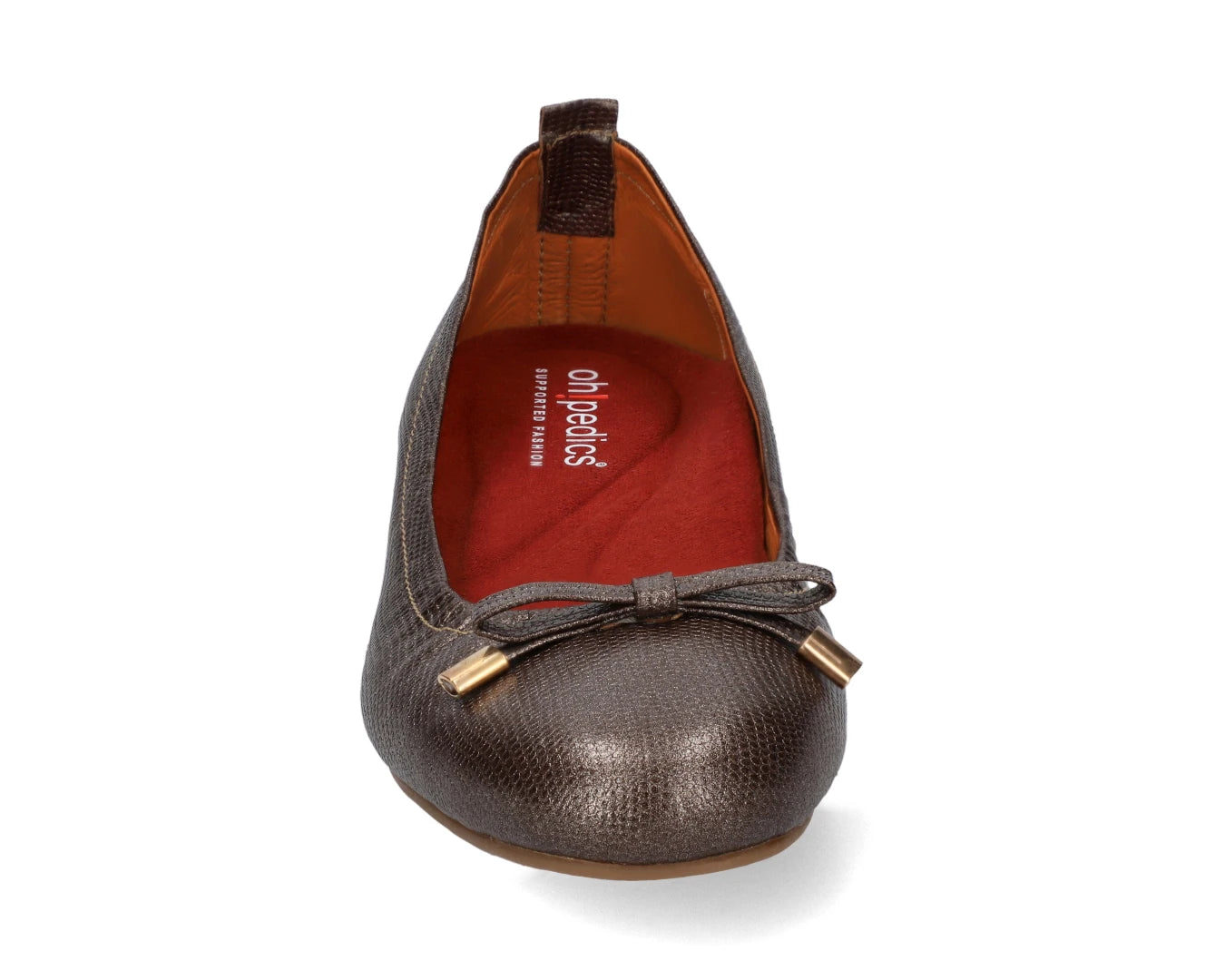 Front view of bronze wild-embossed full-grain leather ballet flats with an elegant bow and gold tips featuring a removable RED Arch Support orthotic for flat feet, calcaneal spurs, and plantar fasciitis.
