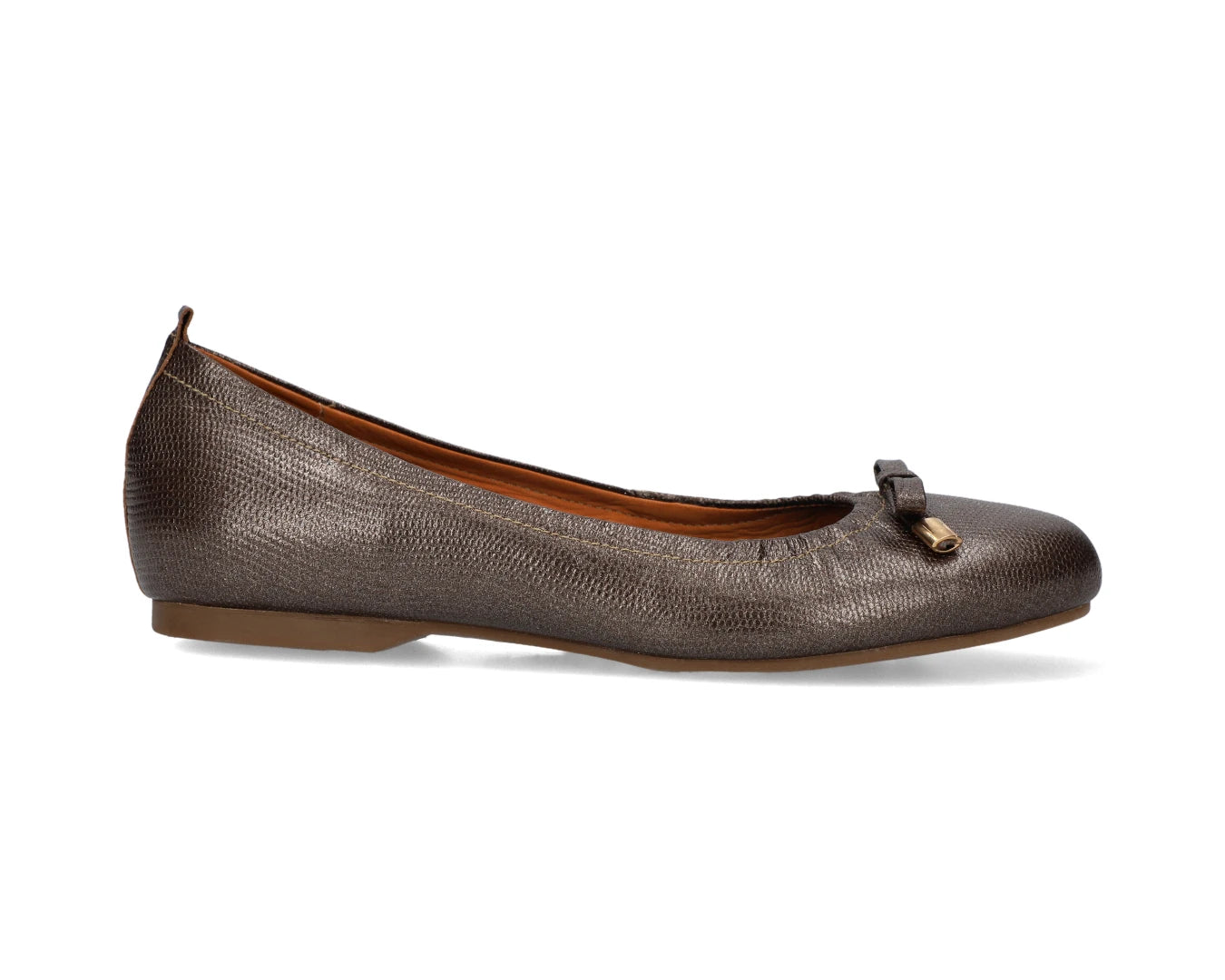 Bronze wild-embossed full-grain leather ballet flats with an elegant bow and gold tips showcasing a semi-round toe.
