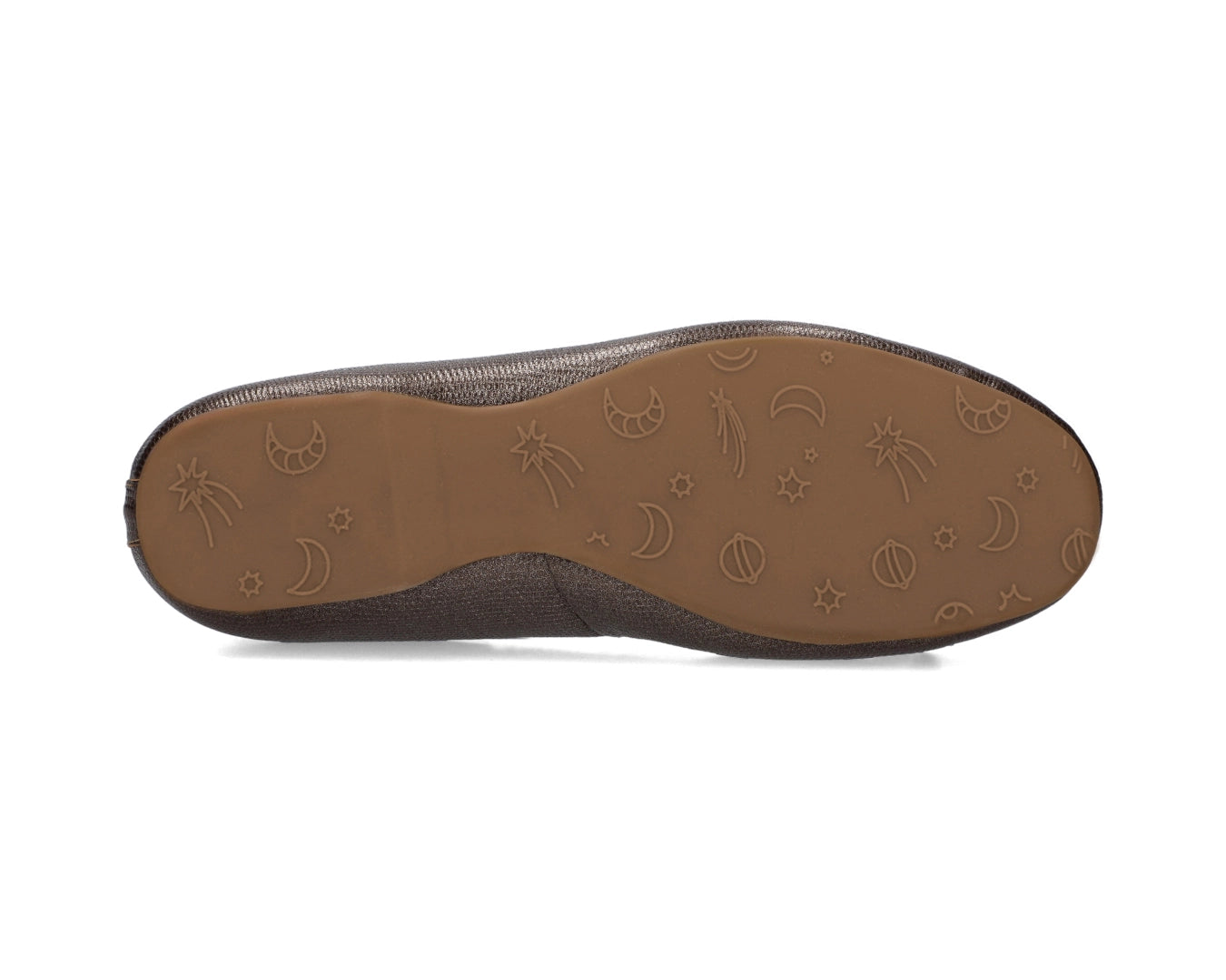Sole view of bronze wild-embossed full-grain leather ballet flats with an elegant bow and gold tips showing the one-piece rubber sole.