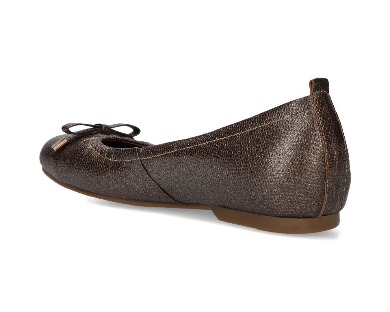 Three-quarter back view of bronze wild-embossed full-grain leather ballet flats with an elegant bow and gold tips with a semi-round toe.