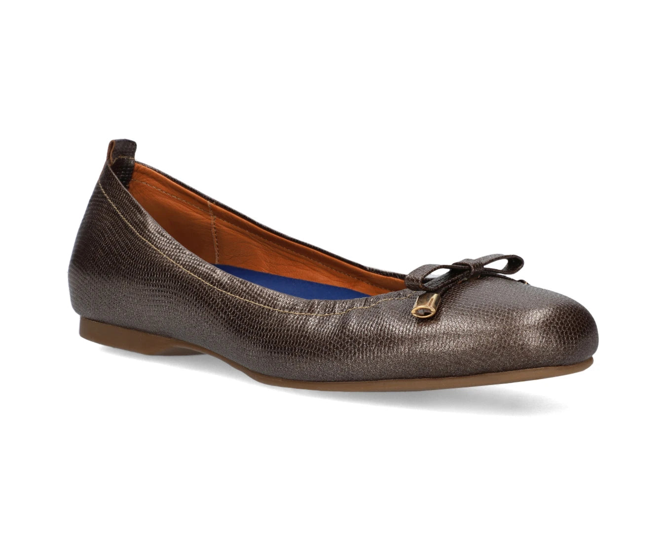 Three-quarter front view of bronze wild-embossed full grain leather ballet flats with an elegant bow and gold tips featuring a semi-round toe and removable BLUE ComfortFlex orthotic for feet without problems.