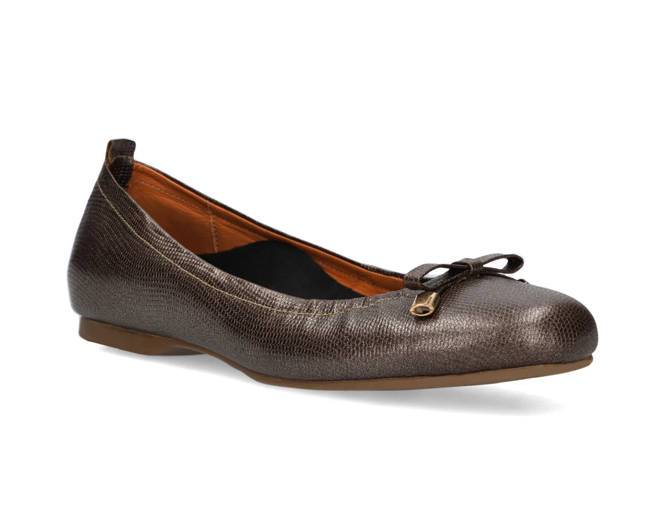Three-quarter front view of bronze wild-embossed full grain leather ballet flats  with an elegant bow and gold tips and a semi-round toe and removable BLACK FlexiComfort orthotic for flat feet.