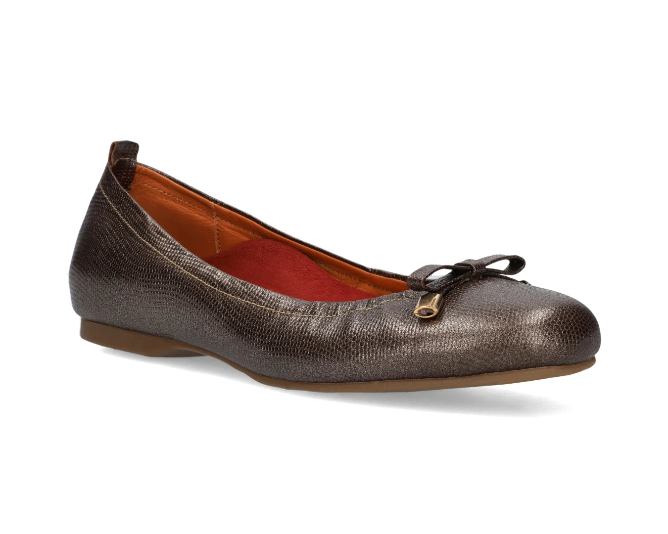 Three-quarter front view of bronze wild-embossed full grain leather ballet flats  with an elegant bow and gold tips featuring a semi-round toe and removable RED ArchSupport orthotic for flat feet, calcaneal spurs, and plantar fasciitis.