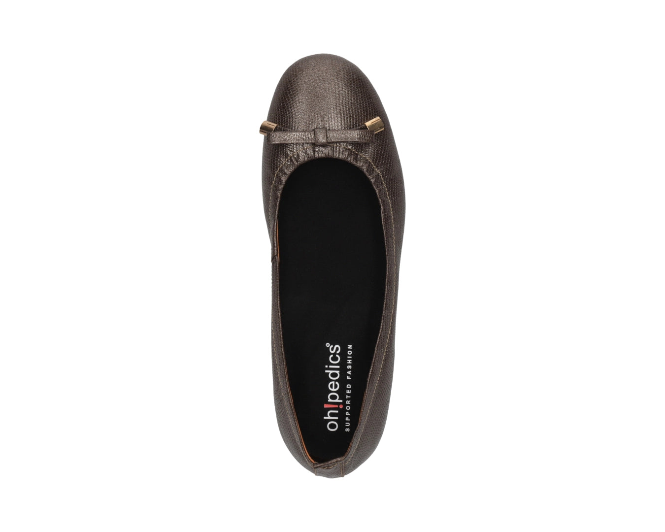 Top view of bronze wild-embossed full-grain leather ballet flats with an elegant bow and gold tips with a semi-round toe and removable BLACK FlexiComfort orthotic for flat feet.