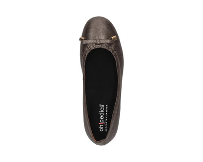 Top view of bronze wild-embossed full-grain leather ballet flats with an elegant bow and gold tips with a semi-round toe and removable BLACK FlexiComfort orthotic for flat feet.