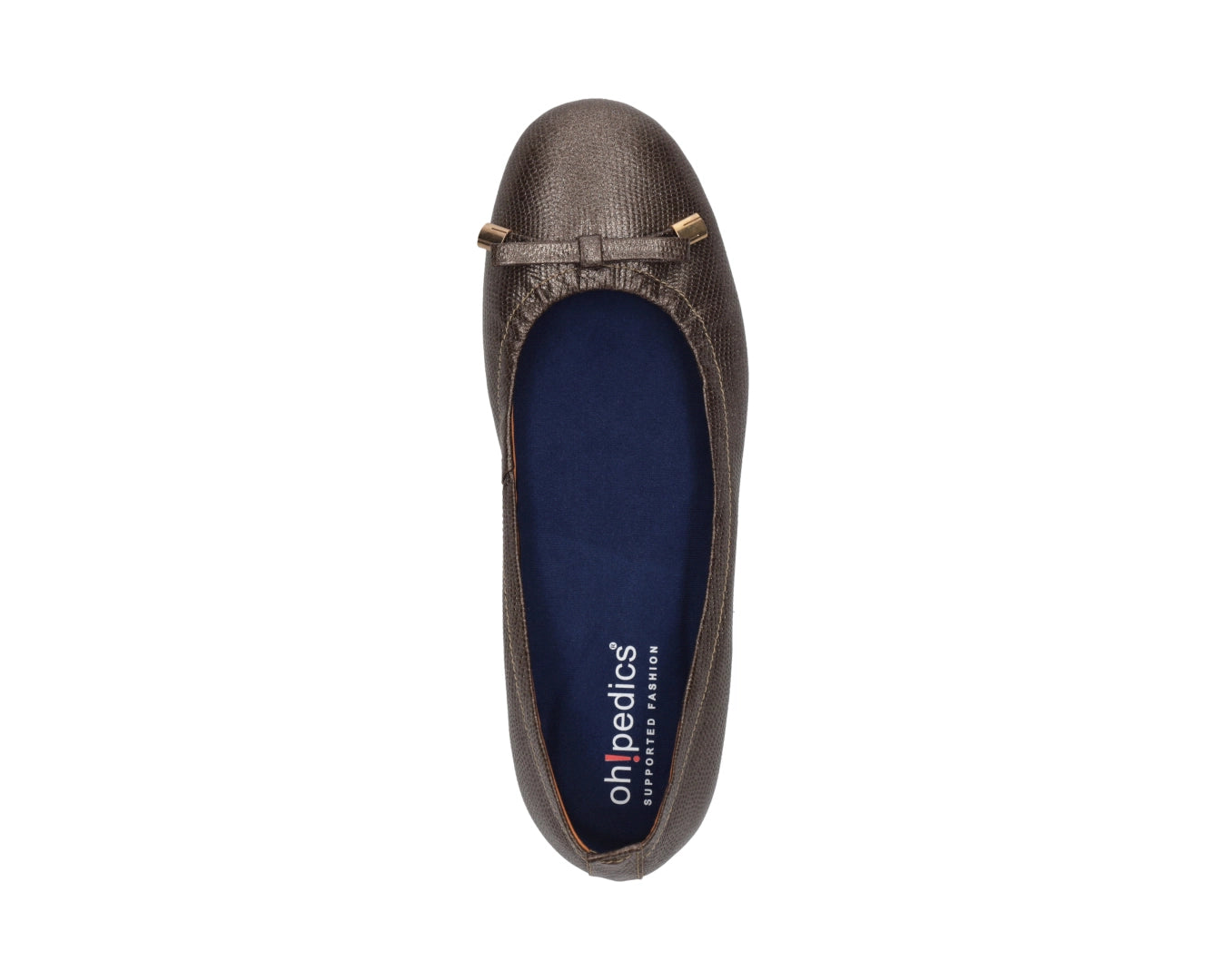 Top view of bronze wild-embossed full-grain leather ballet flats with an elegant bow and gold tips, with a semi-round toe and BLUE ComfortFlex orthotic for feet without problems.