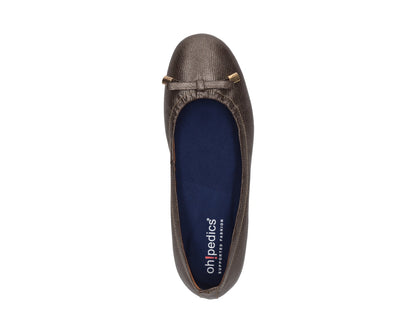 Top view of bronze wild-embossed full-grain leather ballet flats with an elegant bow and gold tips, with a semi-round toe and BLUE ComfortFlex orthotic for feet without problems.