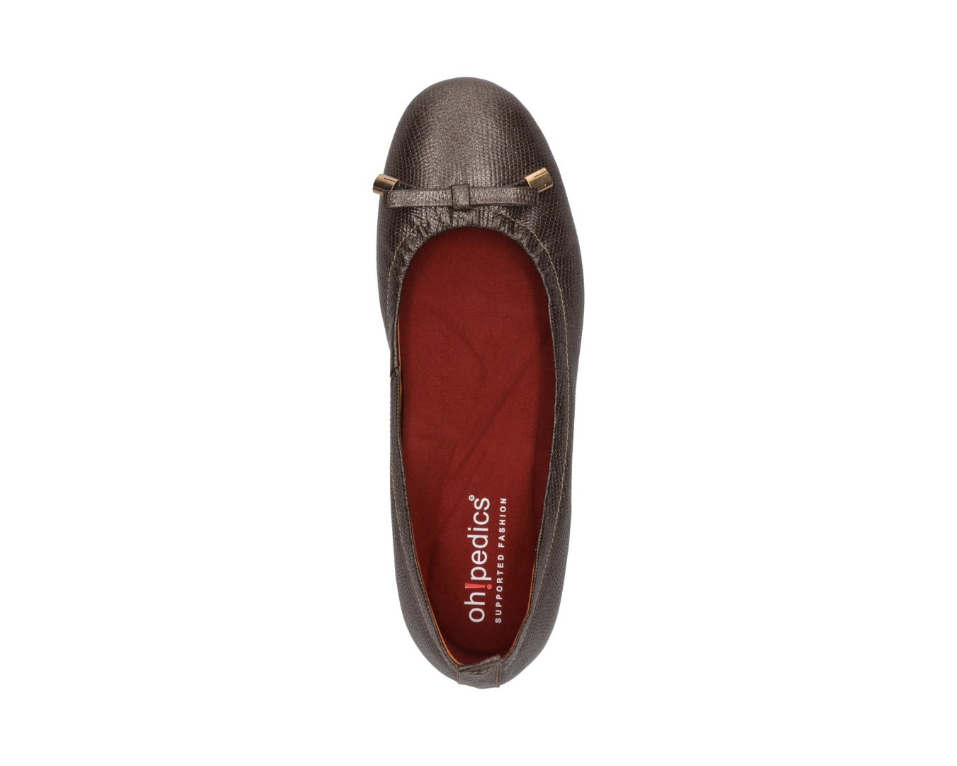 Top view of bronze wild-embossed full-grain leather ballet flats with an elegant bow and gold tips, with a semi-round toe featuring RED ArchSupport orthotic for flat feet, calcaneal spurs, and plantar fasciitis.