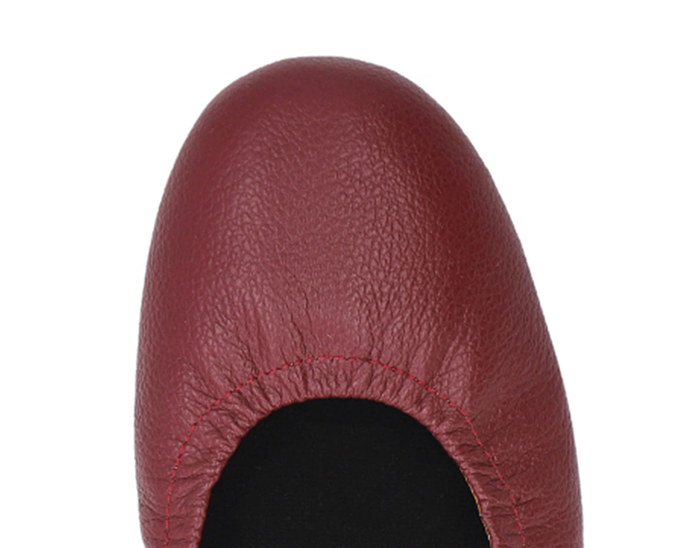 Close-up of the full-grain leather on Burgondy Ballet Flats with removable BLACK FlexiComfort orthotic for flat feet.