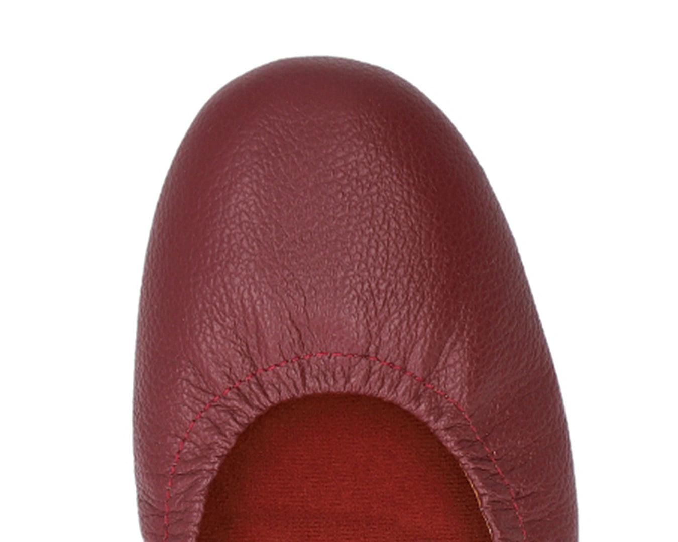 Close-up of the full-grain leather on Burgondy Ballet Flats with removable RED ArchSupport orthotic for flat feet, calcaneal spurs, and plantar fasciitis.