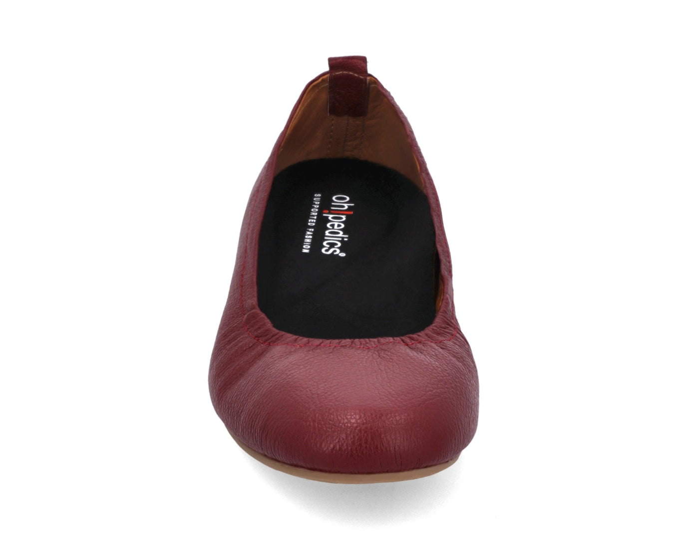 Front view of Burgondy Full-Grain Leather Ballet Flats with a semi-round toe and BLACK FlexiComfort orthotic for flat feet.
