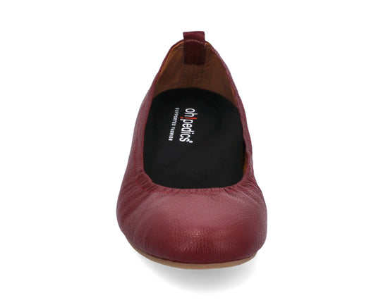 Front view of Burgondy Full-Grain Leather Ballet Flats with a semi-round toe and BLACK FlexiComfort orthotic for flat feet.