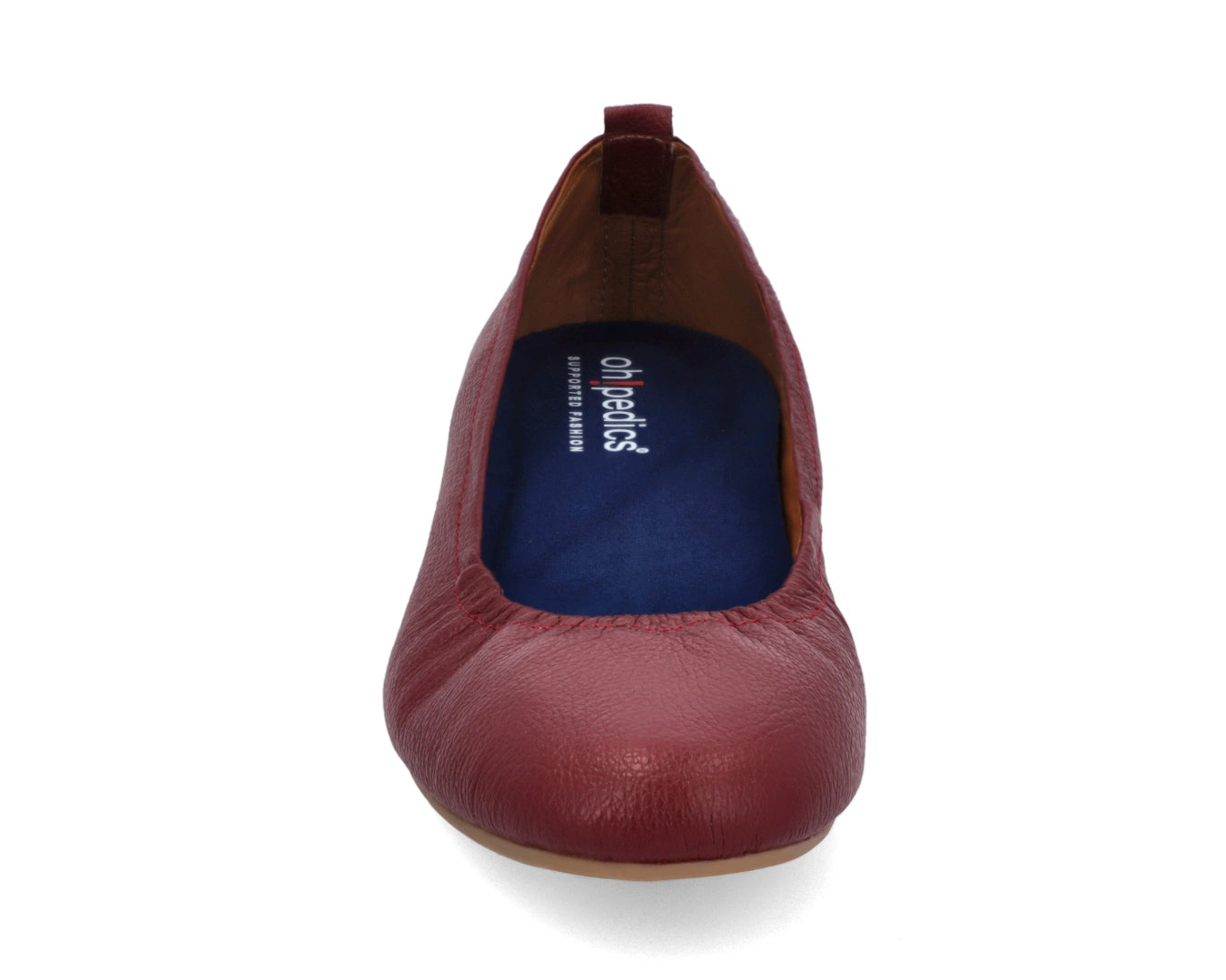 Front view of Burgondy Full-Grain Leather Ballet Flats with a semi-round toe and BLUE ComfortFlex orthotic for feet without problems.