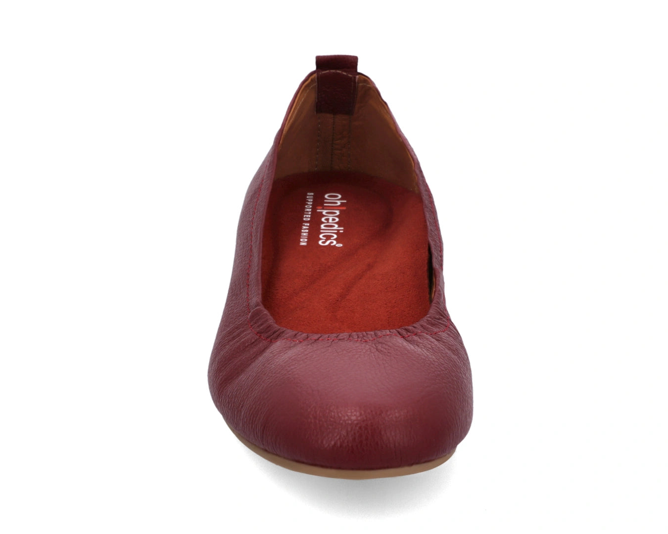 Front view of Burgondy Full-Grain Leather Ballet Flats with a semi-round toe and RED Arch Support orthotic for flat feet, calcaneal spurs, and plantar fasciitis.