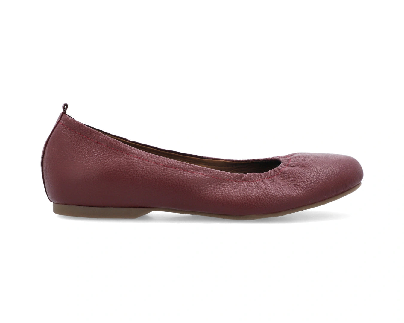 Side view of Burgondy Full-Grain Leather Ballet Flats showcasing a semi-round toe.