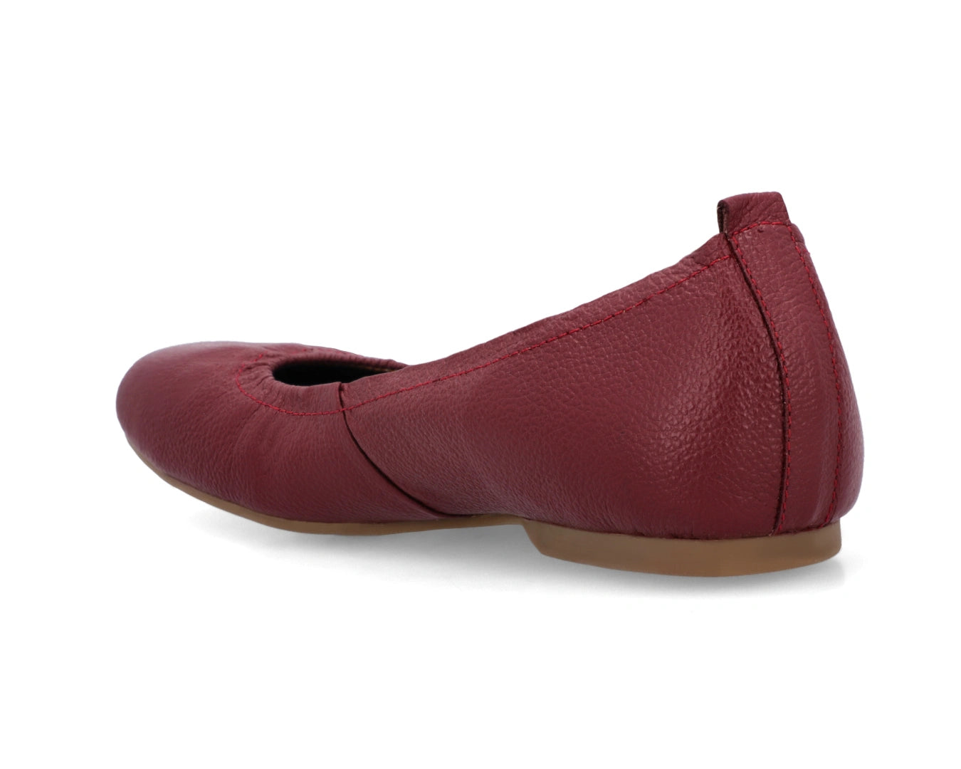 Three-quarter back view of Burgondy Full-Grain Leather Ballet Flats with a semi-round toe.